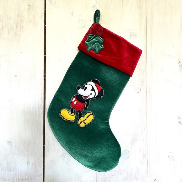 Disney Mickey Mouse Green‎ Red Embroidered Christmas Stocking - Picture 1 of 7